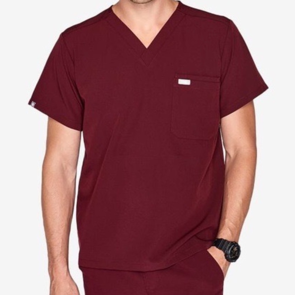 FIGS Leon Two-Pocket Burgundy Scrub Top - Men's XS (Selling as Women's S)